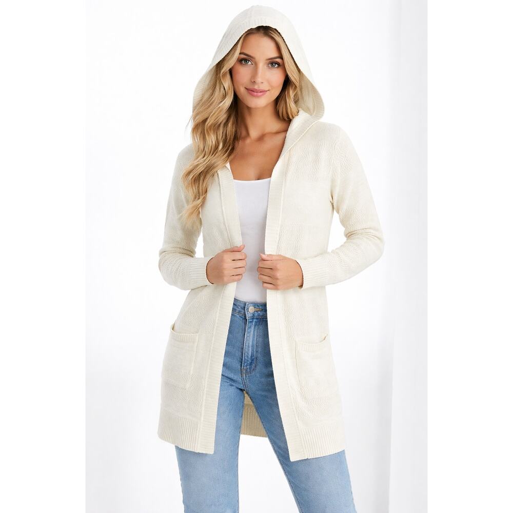 Margret O’Leary Open Front Longline Hooded Cardigan Cream Size‎ Medium